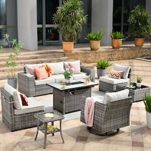 Tahoe Grey 9-Piece Wicker Outdoor Patio Rectangle Fire Pit Conversation Sofa Set with a Swivel Chair and Beige Cushions