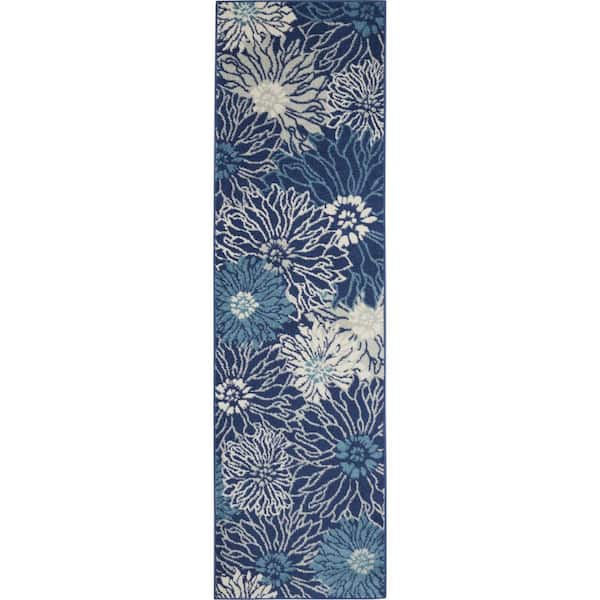 Navy Blue 2 ft. x 10 ft. Floral Power Loom Runner Rug