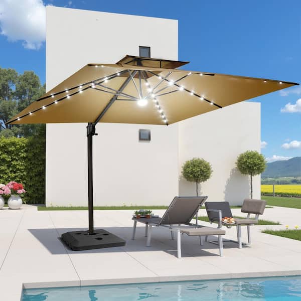 lighted cantilever patio umbrella Rotihom 11FT Solar Powered LED Light with Base Included, Large Cantilever Umbrella with 360Rotation, Heavy-Duty Offset Outdoor Umbrella for Patio,Pool,Backyard (Champagne) : Patio, Lawn & Garden powered LED lights Pellebant Double Top 10.5 ft.