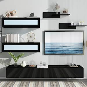 95 in. Black TV Stand with 4-Media Storage Cabinets and 2-Shelves Fits TV's up to 95 in. with 16-color RGB LED Lights