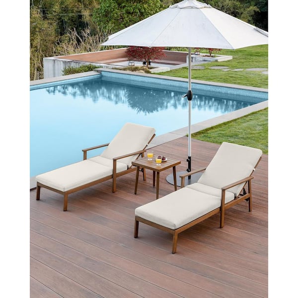 Medium Brown Wood 2-Piece Aluminum Outdoor Patio Reclining Chaise Lounge with Adjustable Back and Beige Cushions