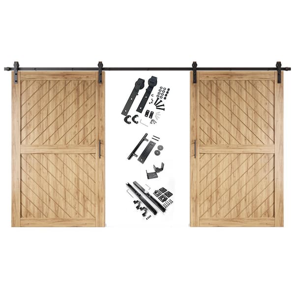 HOMACER XT3 50 in. x 80 in. C-Panel Unfinished Slanted Stripe Design Double Pine Wood Sliding Barn Door with Hardware Kit