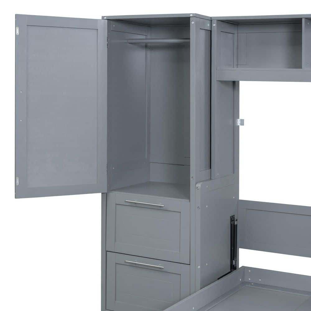 White Multifunctional Wood Frame Full Size Murphy Bed with Closet and Drawers - thumbnail 4