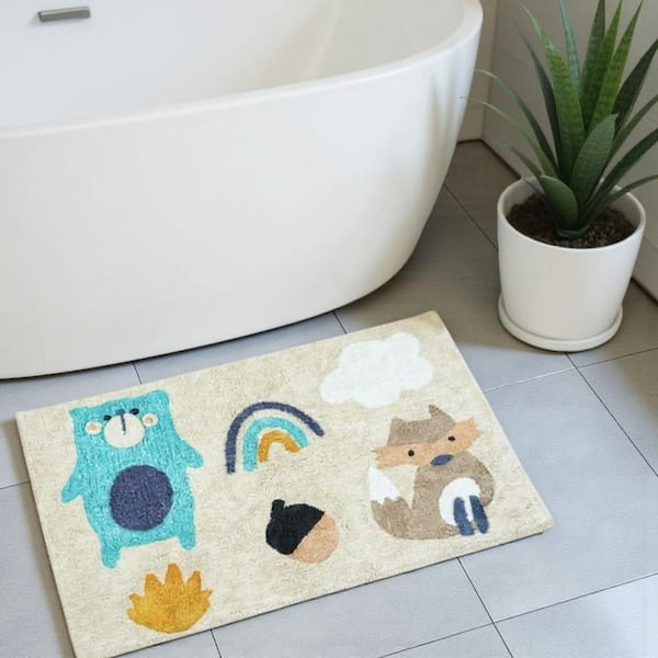 3 ft. x 4 ft. Beige And Blue Woodland Animals Youthful Washable Area Rug