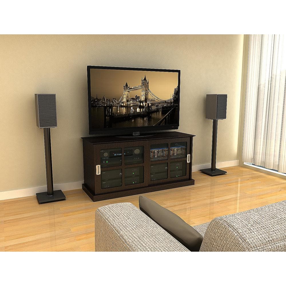 Black Adjustable Steel Bookshelf Speaker Stands with Cable Management, Set of 2