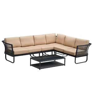 6 Seater Gray Hand-woven Rattan Metal Patio Outdoor Sectional Conversation Set with Khaki Cushions, Coffee Table