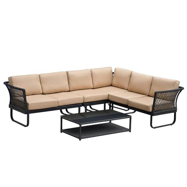 Zeus & Ruta 6 Seater Gray Hand-woven Rattan Metal Patio Outdoor Sectional Conversation Set with Khaki Cushions, Coffee Table