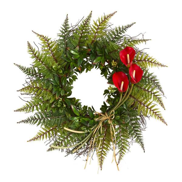 Nearly Natural 23 in. Assorted Fern and Red Calla Lily Artificial Wreath