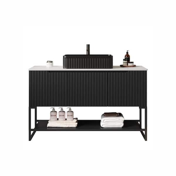 Liory 47.64 in. Single Ceramic Sink Freestanding Black Bath Vanity with White Sintered Stone Counter Top