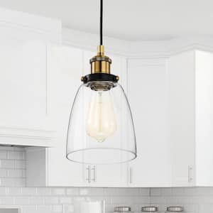Mateo 1-Light Black and Antique Brass Mini Pendant Light with Clear Bell Glass Shade