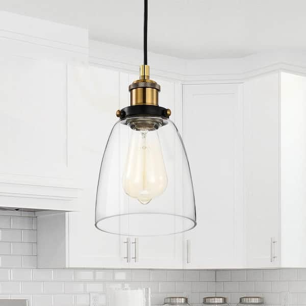 Edvivi Mateo 1-Light Black and Antique Brass Mini Pendant Light with Clear Bell Glass Shade