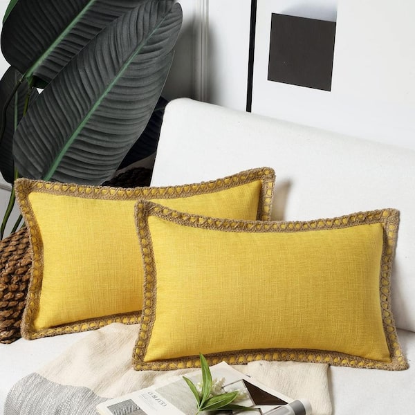 Unbranded Pack of 2 Decorative Throw Pillow Covers, Burlap Linen Trimmed, Yellow