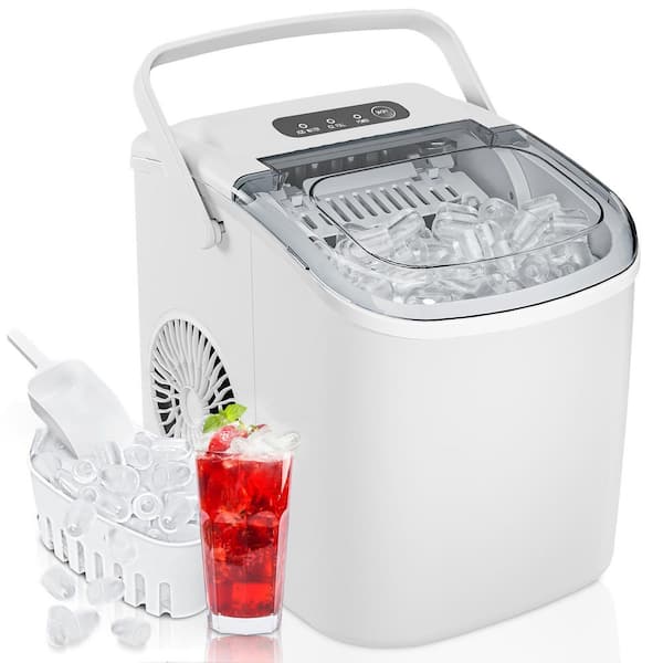9.6 in. 26 lb. Bullet Ice Countertop Portable Ice Maker in White with 6Mins/9Pcs, Auto-cleaning, Basket and Scoop