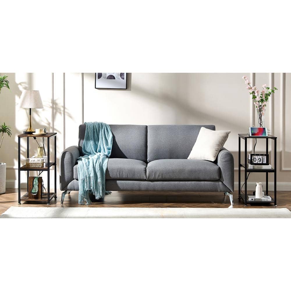 3-Tier Gray Side Table Stable Open Shelves with Metal Frames, End table with Plug Sockets and USB Ports - thumbnail 5