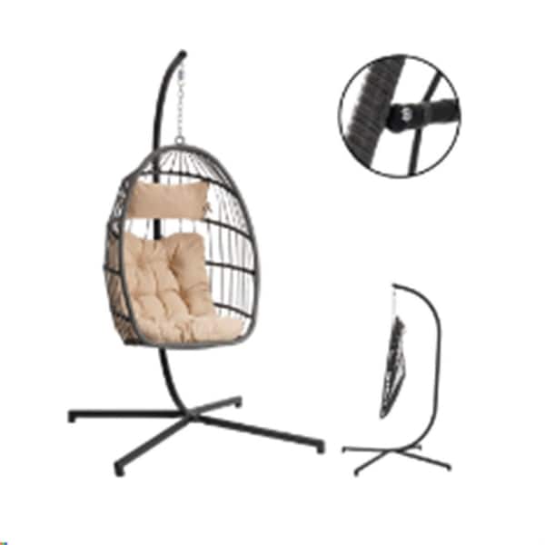 ITOPFOX Outdoor Garden Rattan Egg Swing Chair Hanging Chair with Khaki Cushions