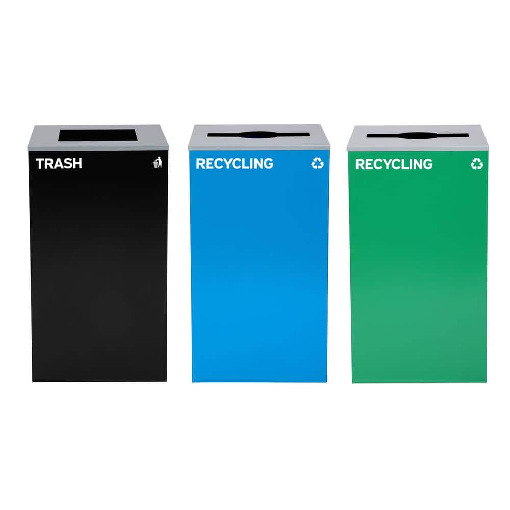 87 Gal. 3-Stream Steel Blue and Green Recycling Bin and Black Trash Can Was