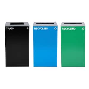 87 Gal. 3-Stream Steel Blue and Green Recycling Bin and Black Trash Can Waste Station with Mixed Slot Lids