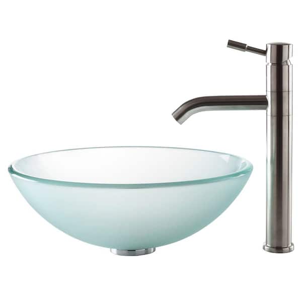 KRAUS Vessel Sink in Frosted Glass with Aldo Faucet in Stainless Steel