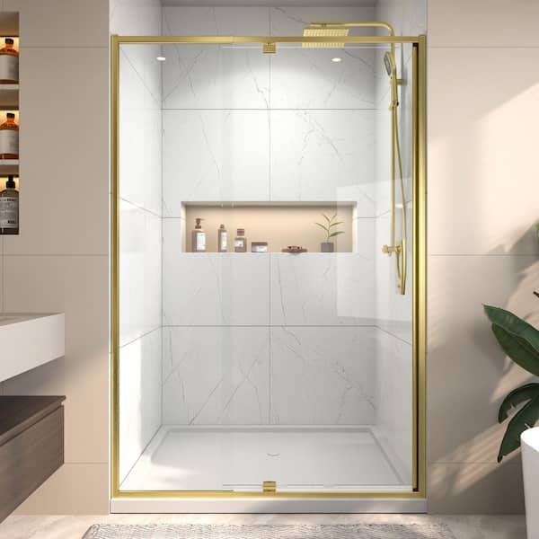 Vitrina 48 in. W x 71 in. H Pivot Swing Framed Shower Door in Brushed Gold with Clear Glass Reversible Installation