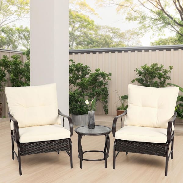Unbranded 3-Piece Black Wicker Patio Conversation Set Rattan Chair with Coffee Table, White Cushion, for Backyard, Lawn