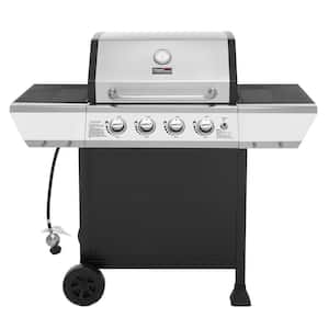 4-Burner Propane Gas Grill in Black & Silver with Stainless Steel Upper Lid and 2 Side Shelves, for Garden Barbecue