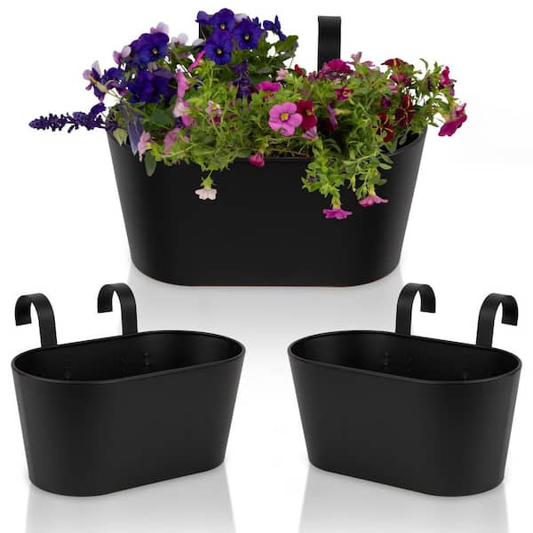 Angel Sar 10.5 in. x 5 in. x 5.7 in. 3 Sets Stylish Beautiful Hanging Flower Pots for Outside Railing Garden Fence Window (Black)