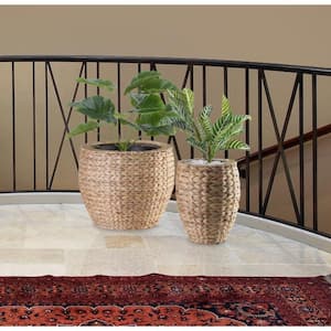 Set of 2 Water Hyacinth Round Floor Planter with Metal Pot