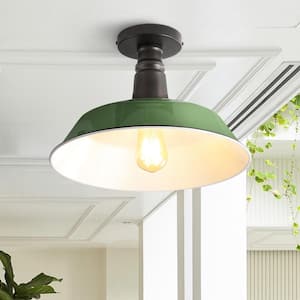 Camila 14 in. 1-Light Green/White Classic Industrial Indoor/Outdoor Iron LED Semi Flush Mount