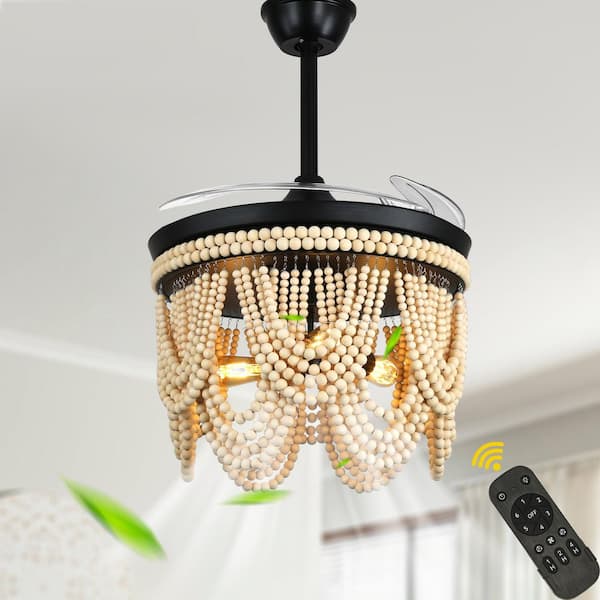 42 in. Indoor Black Downrod Farmhouse Ceiling Fan with Light Kit and Remote, Wood Beaded Caged Fanderlier with 6-Speeds