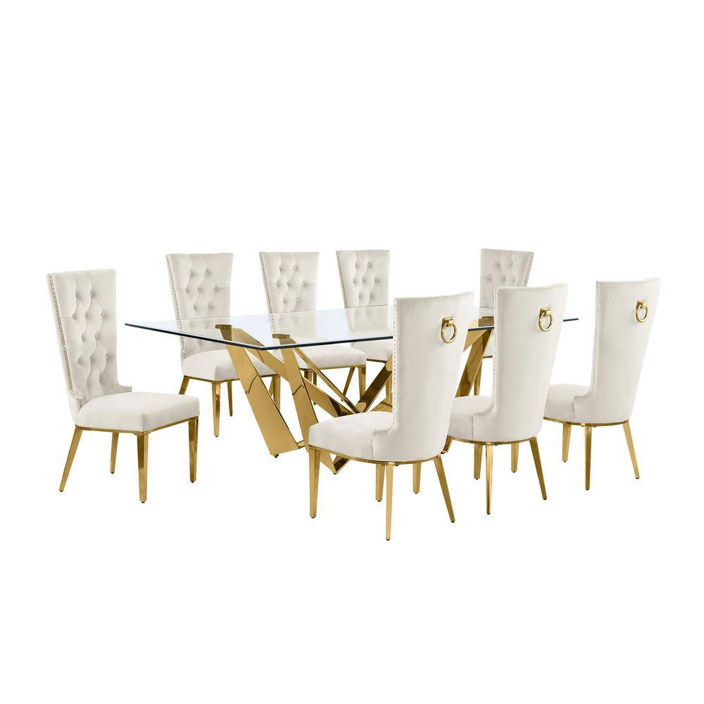 Best Quality Furniture Meryl 9Piece Rectangular Glass Top Gold