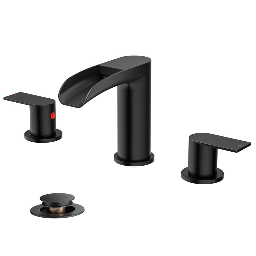 8 in. Widespread 3 Hole Double Handle Waterfall Bathroom Faucet with Pop-up Drain in Matte Black price history on PriceWatchPro