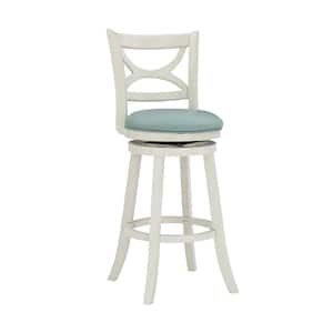 Lopez Cream Barstool with Open Design Wood Back and Blue Faux Leather Seat