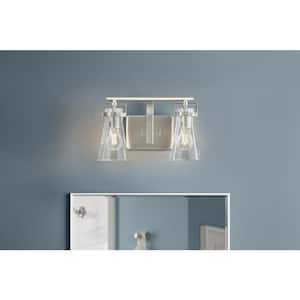 Clermont 14.75 in. 2-Light Brushed Nickel Bathroom Vanity Light with Seeded Glass Shades