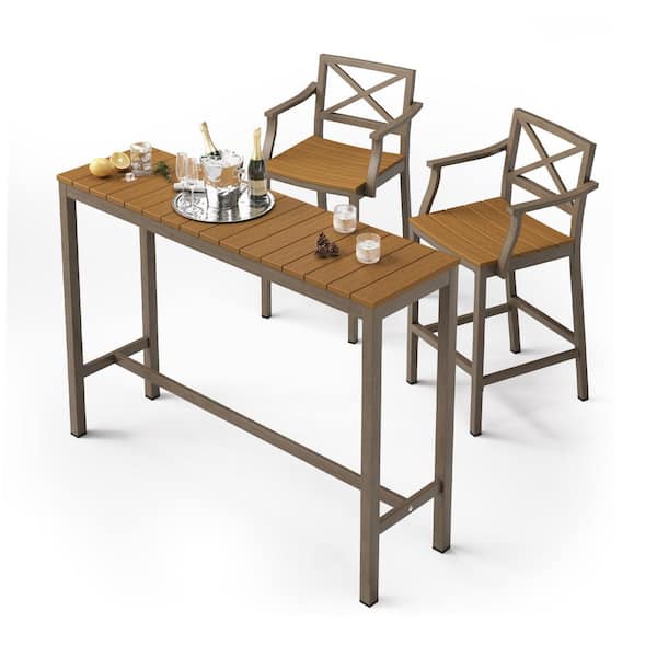 LUE BONA Humphrey 5 Piece 55 in. Teak Alu Outdoor Patio Dining Set Serving Bar Set HDPS Top With Bar Chairs For Balcony Poolside