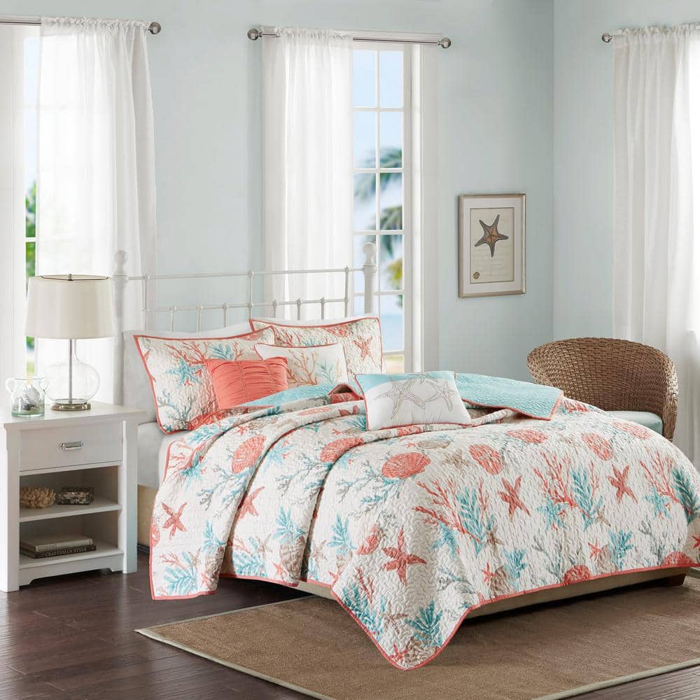 Ivory Cotton Reversible Full Quilt Set with Throw Pillows