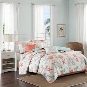 Pacific Grove 6-Piece Coral Full/Queen Cotton Sateen Reversible Coverlet Set