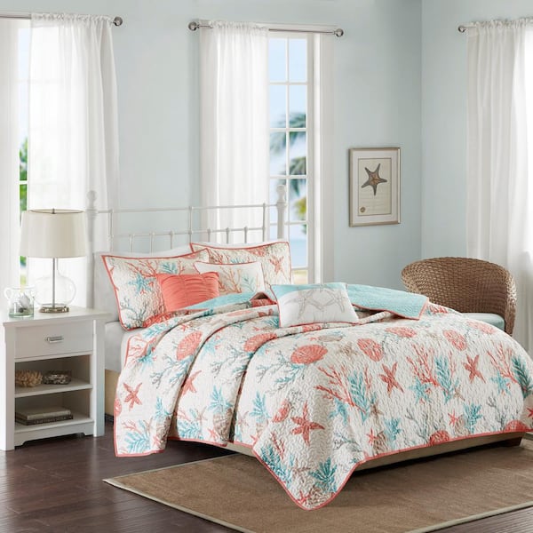 Madison Park Pacific Grove 6-Piece Coral Full/Queen Cotton Sateen Reversible Coverlet Set