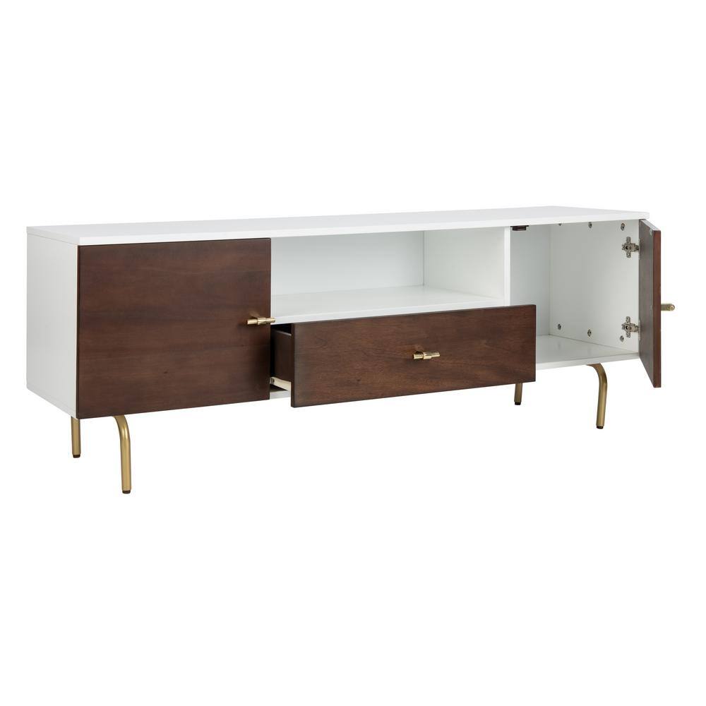 Genevieve 54" White and Walnut TV Stand with Gold Legs