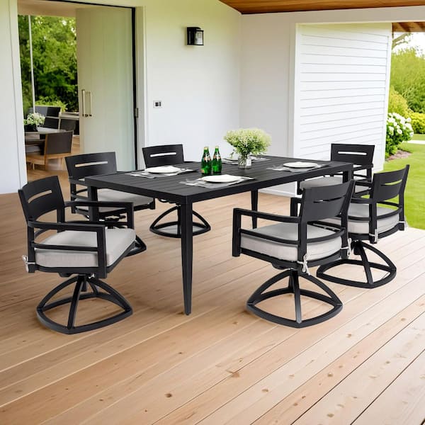 wayofatry 7-Piece Outdoor Aluminum Furniture set including 6 Swivel Rockersand Rectangle Dining Table with Umbrella Holez in black