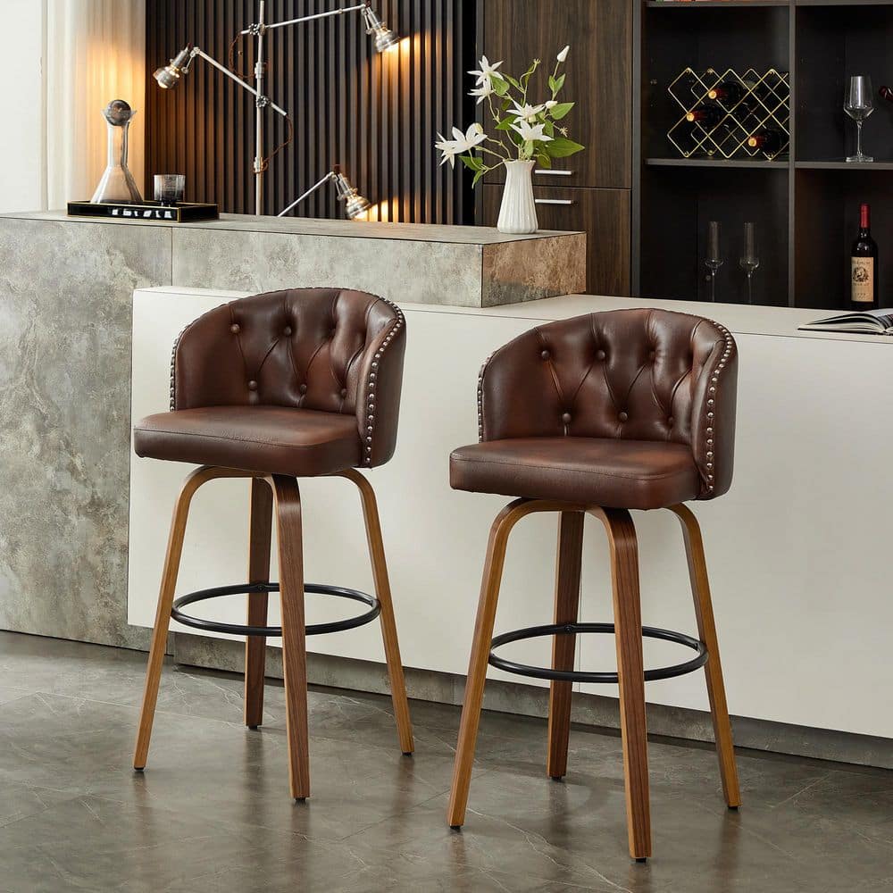 Hochwertiges 29.5 in. Walnut Brown Faux Leather Upholstered Wood