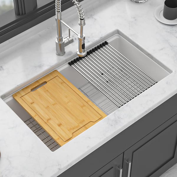 Staykiwi 32 in. Undermount Single Bowl White Quartz Kitchen Sink with Bottom Grids