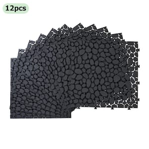 Black 1 ft. x 1 ft. Square All-Weather Plastic Waterproof Outdoor Interlocking Deck Tiles Pebble Stone Pattern(12-Pack)