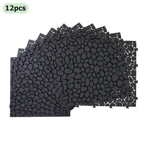 BTMWAY Black 1 ft. x 1 ft. Square All-Weather Plastic Waterproof Outdoor Interlocking Deck Tiles Pebble Stone Pattern(12-Pack)
