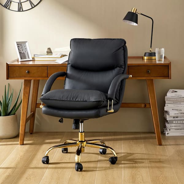 JAYDEN CREATION Leona Black Modern Faux Leather Swivel Office Chair with Adjustable Metal Base