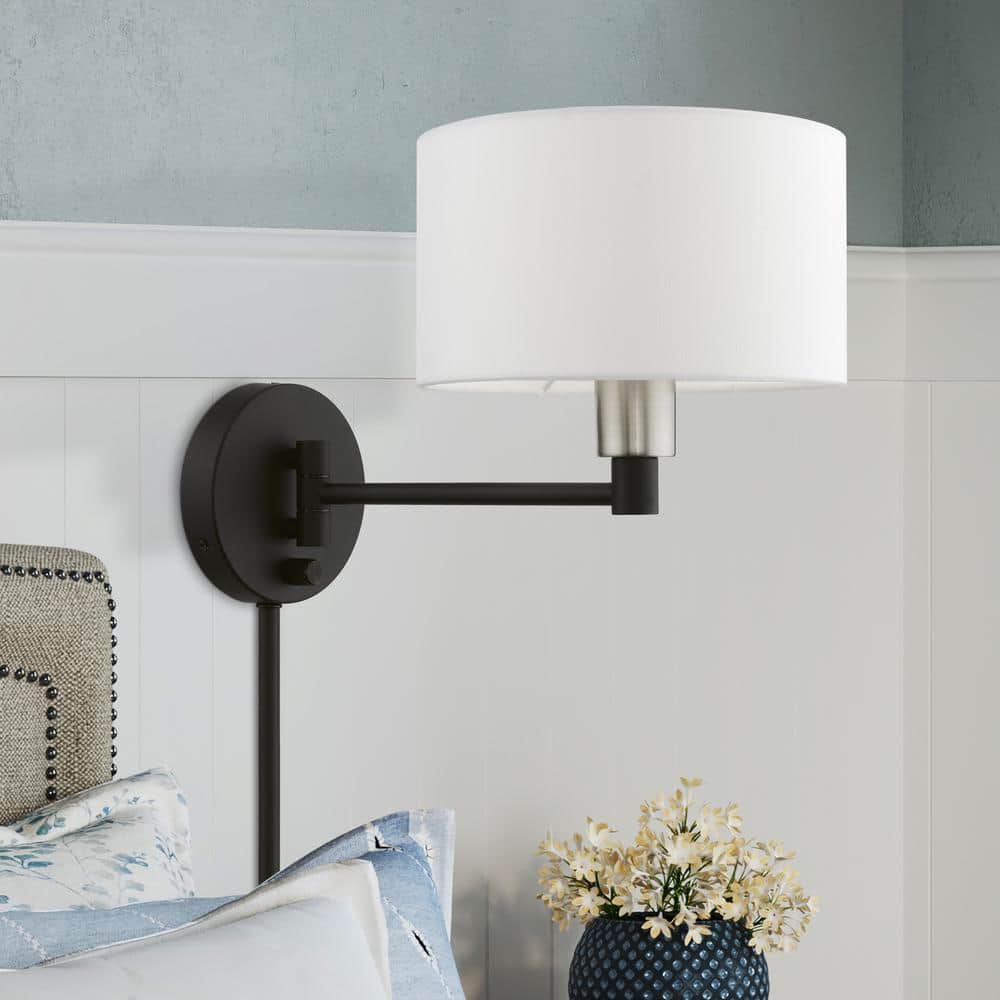 Black and Brushed Nickel Swing Arm Wall Lamp with Off-White Shade