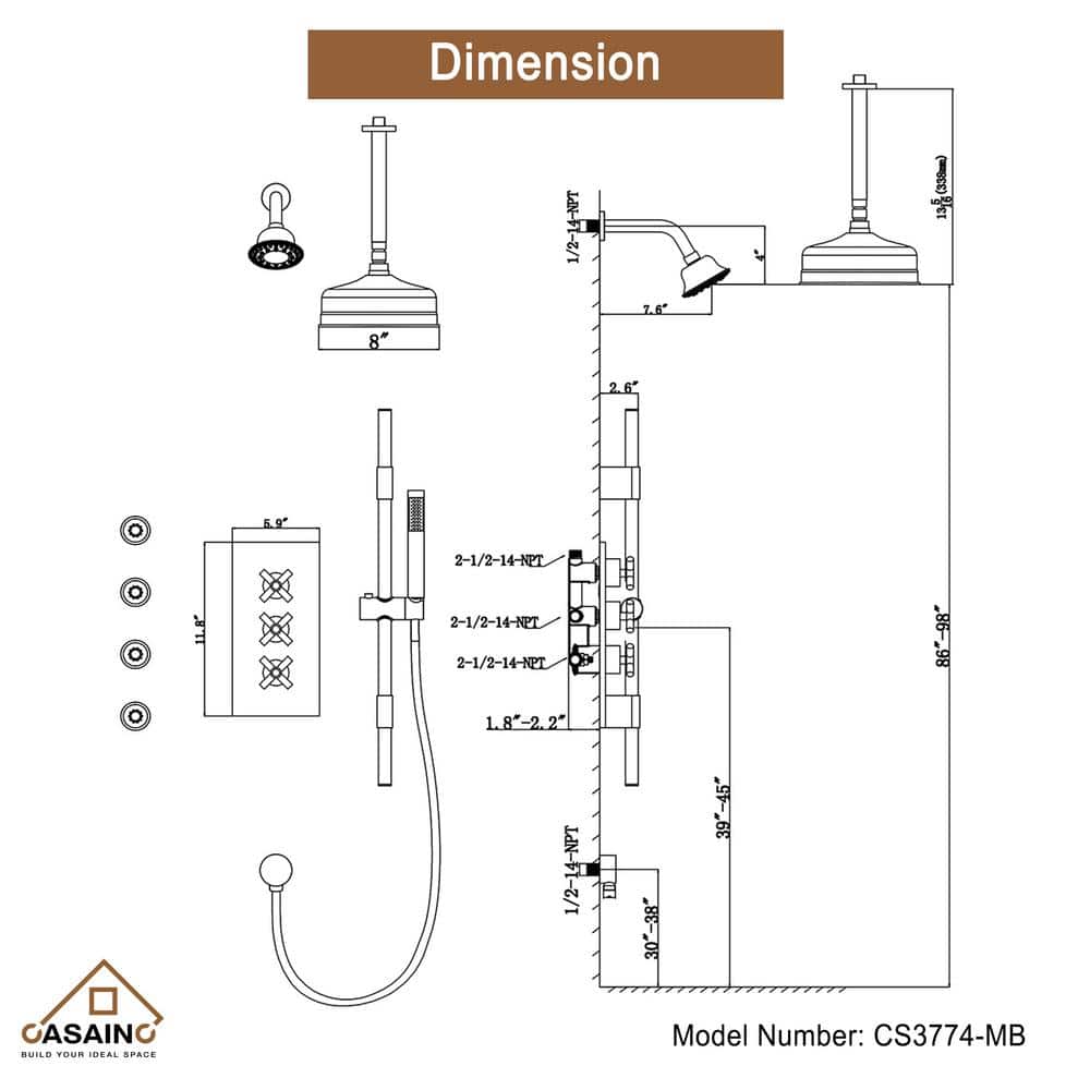 Matte Black Adjustable Dual Shower Head System with Body Jets