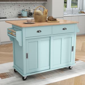 Mint Green Rubber Wood Kitchen Cart with Cabinets