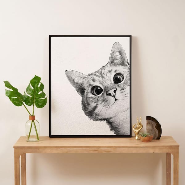 DenyDesigns. Sneaky Cat by Laura Graves Framed Art Canvas Animal Wall Art 30 in. x 24 in., Black-White