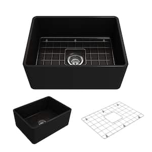 Classico Farmhouse Apron Front Fireclay 24 in. Single Bowl Kitchen Sink with Bottom Grid and Strainer in Matte Black