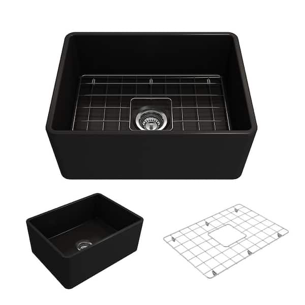 BOCCHI Classico Farmhouse Apron Front Fireclay 24 in. Single Bowl Kitchen Sink with Bottom Grid and Strainer in Matte Black